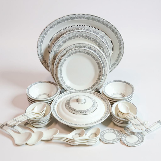 Premium 68 PCS Melamine Dinner Set – Silver Border Elegance