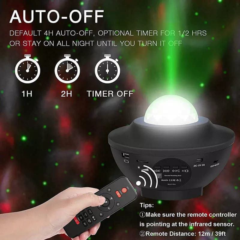 Galaxy ocean wave projector lamp with remote control showing auto-off timer options and colorful light projection