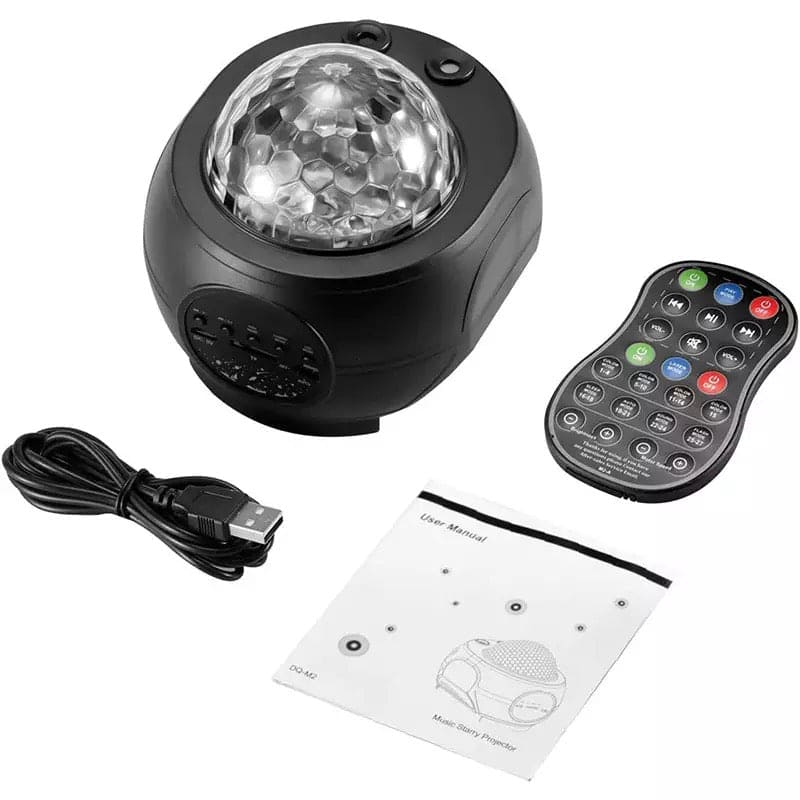 Galaxy ocean wave projector lamp with remote control USB cable and user manual in black design