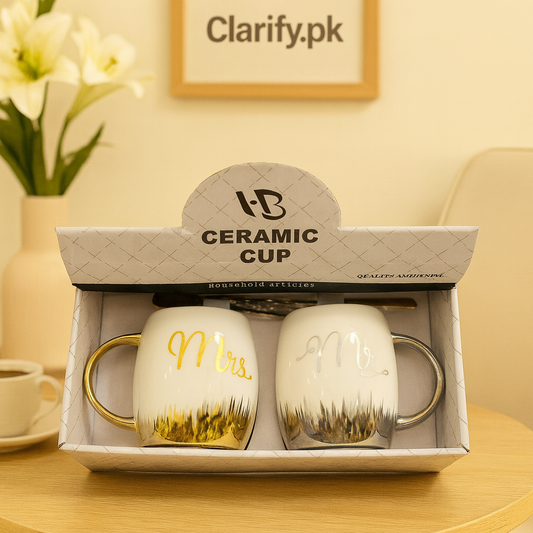 Clarify.pk ceramic couple mugs set with Mrs and Mr gold and silver handles in gift box