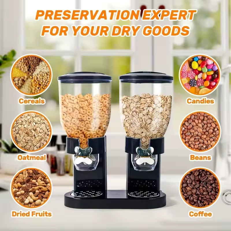 Dual cereal dispenser for kitchen with black base and containers filled with dry goods like cereals and oatmeal