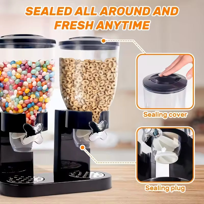 Double cereal dispenser for kitchen with sealed lids and dispensing plugs to keep contents fresh