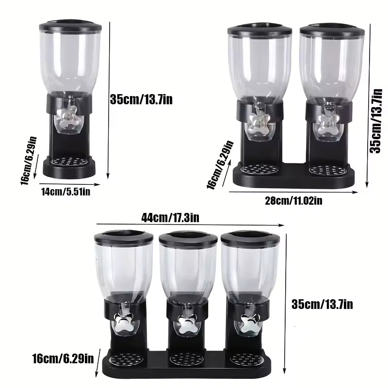 Clear cereal dispenser for kitchen in single, double, and triple container options with black bases