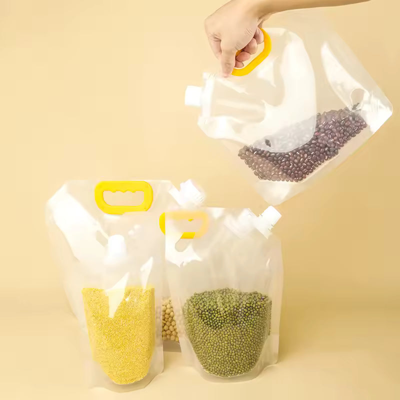 Clarify.pk clear cereal storage bag with yellow handle holding various dry grains and beans