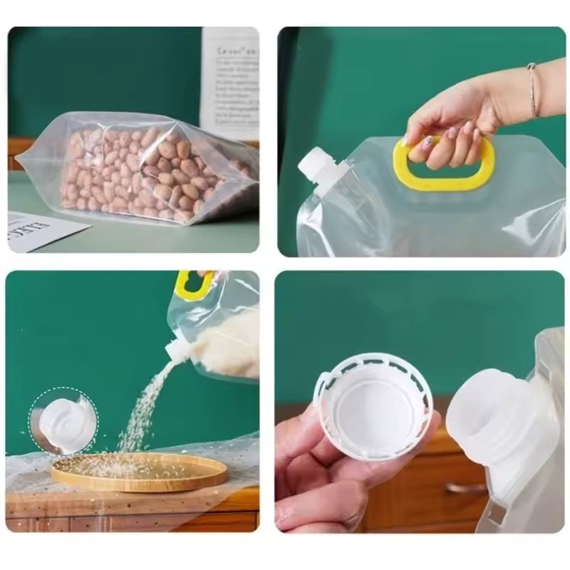 Clarify.pk clear cereal storage bag with yellow handle and spout for easy pouring and sealing