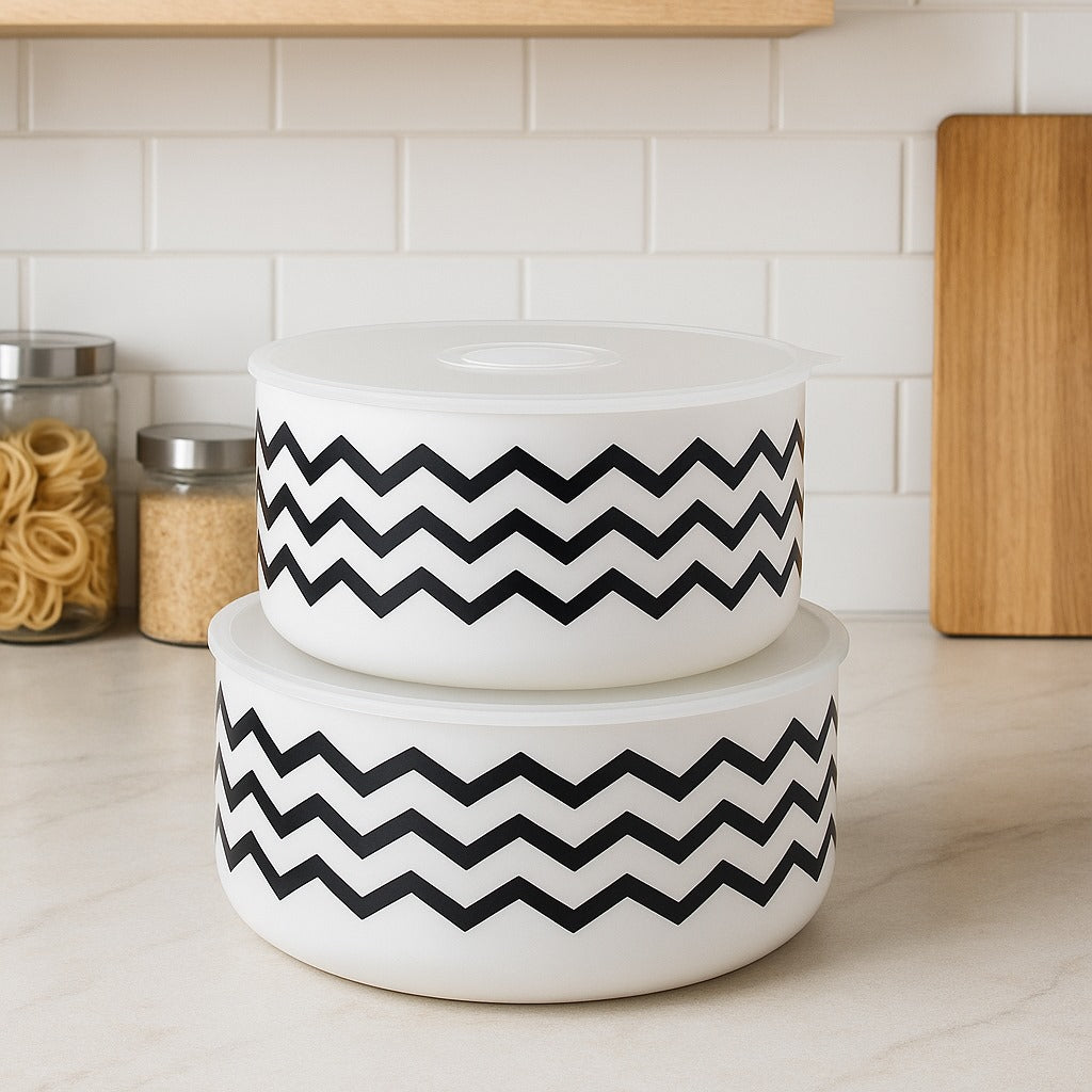 Black Waves Ceramic Food Storage Bowl with Lid – Round