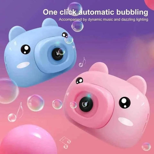 Clarify children's bubble machine toy in blue and pink with automatic bubbling and colorful lighting