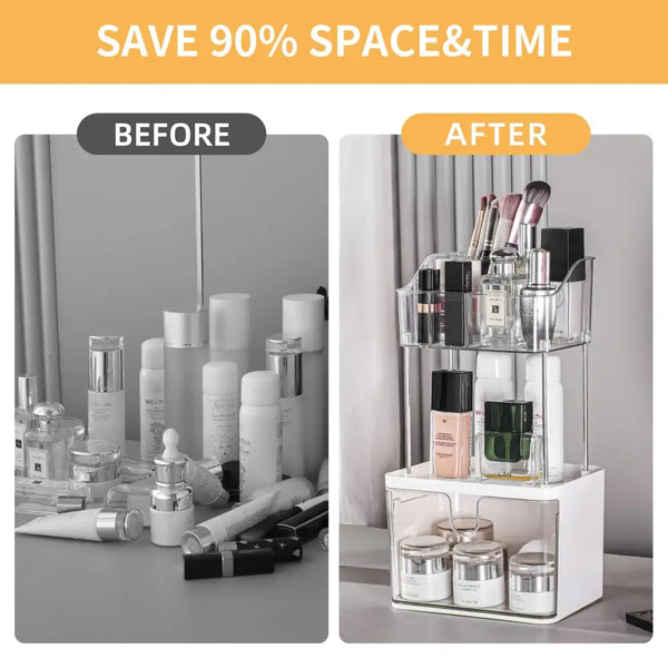 2-tier acrylic makeup organizer on vanity holding brushes perfumes bottles and jars shown in before after