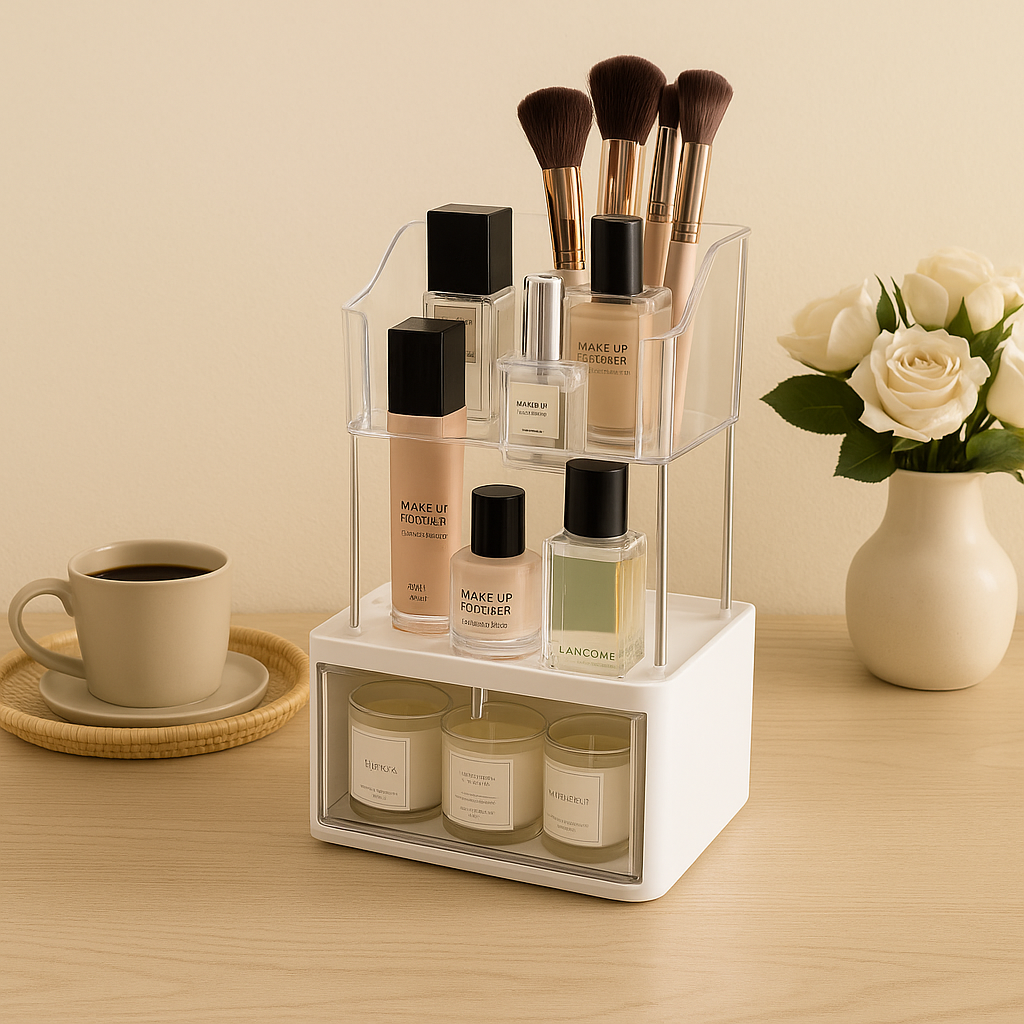 2-tier acrylic makeup organizer with clear tiers and drawer holding brushes foundations perfumes and candles on vanity