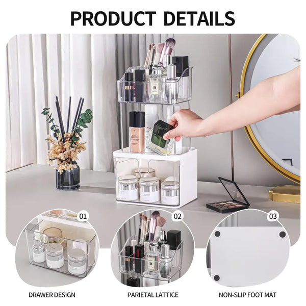 2-tier acrylic makeup organizer on vanity with drawers and clear compartments holding brushes