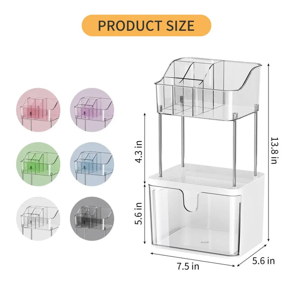 Clear 2-tier acrylic makeup organizer with top divided compartments and bottom pull drawer showing size and color options