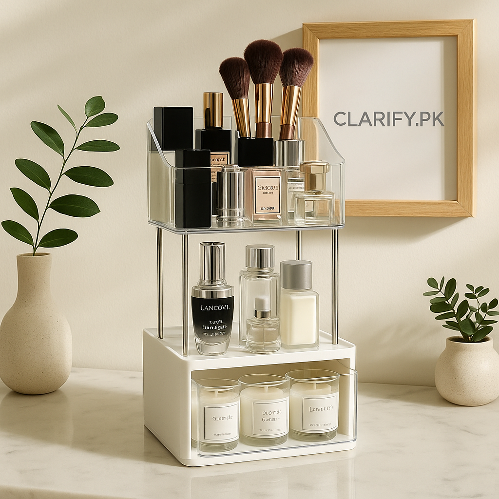 2-tier acrylic makeup organizer with clear tiers and white drawer on vanity holding brushes, perfumes, and candles