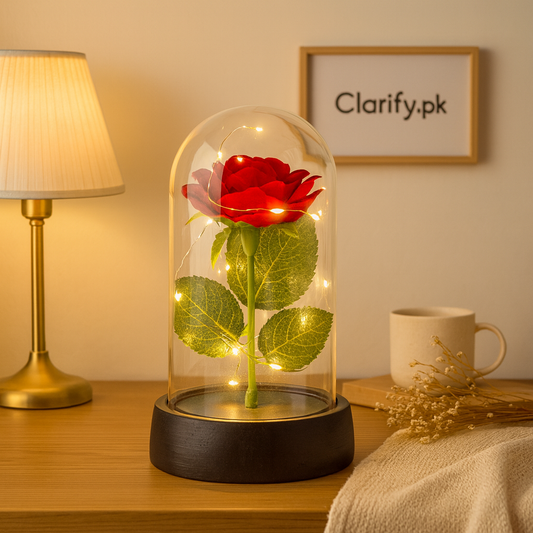 Clarify.pk enchanted rose dome light with red rose and warm fairy lights inside glass dome on wooden table