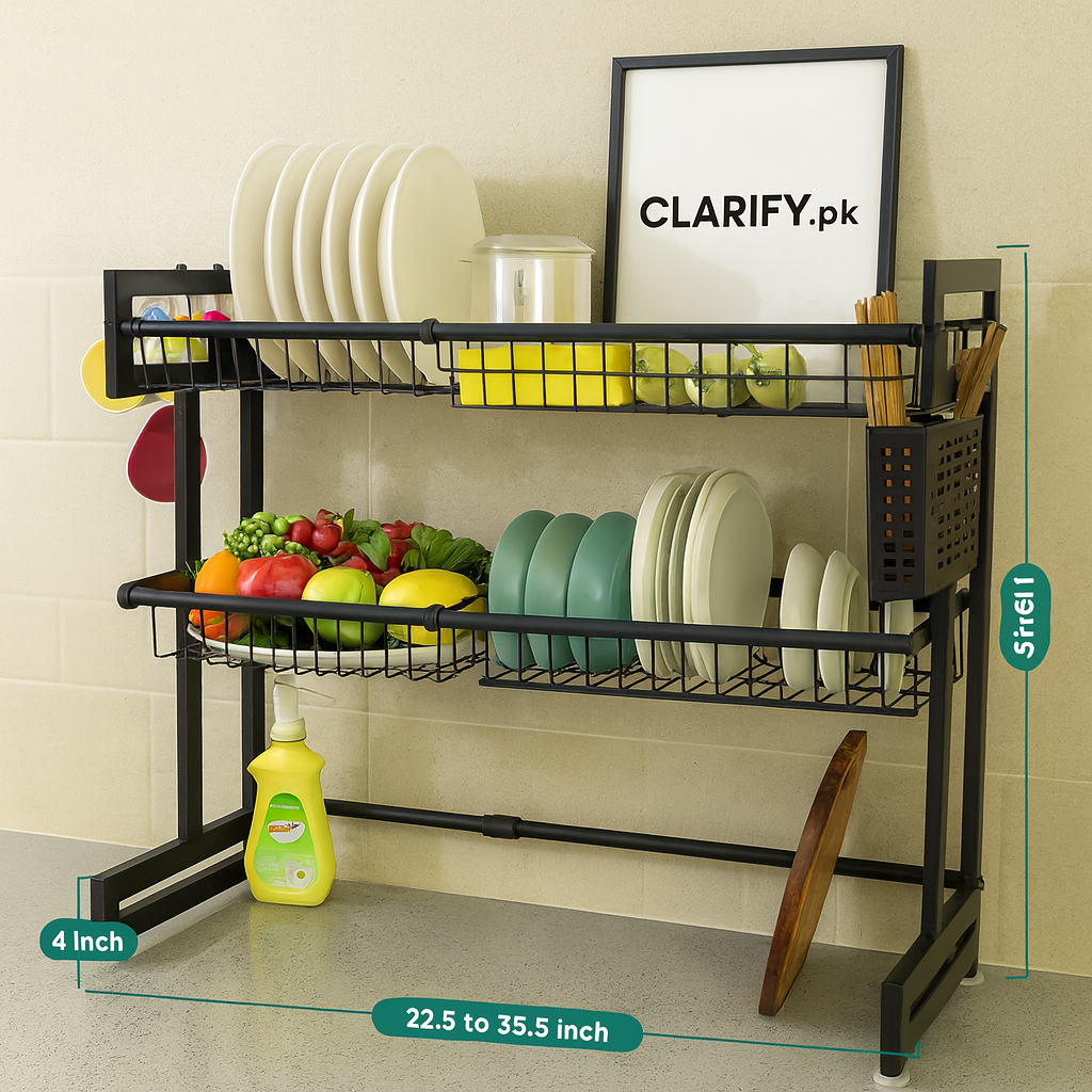 Expandable 2 tier over the sink rack with black metal frame holding dishes and vegetables