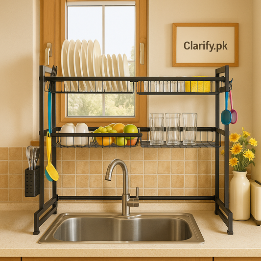 Expandable 2 tier over the sink rack in black holding dishes, glasses, and fruits above kitchen sink