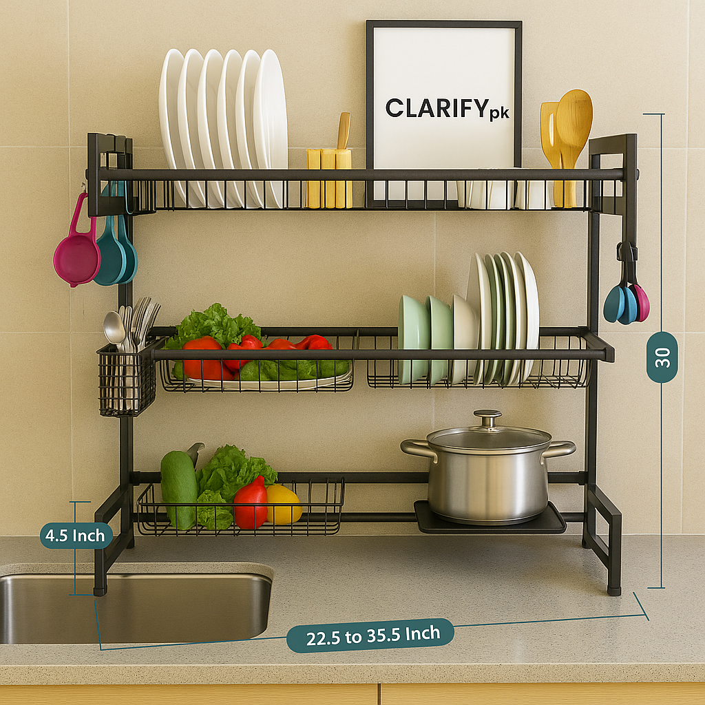 Expandable 2 tier over the sink rack in black metal holding plates, utensils, vegetables, and a pot on kitchen counter