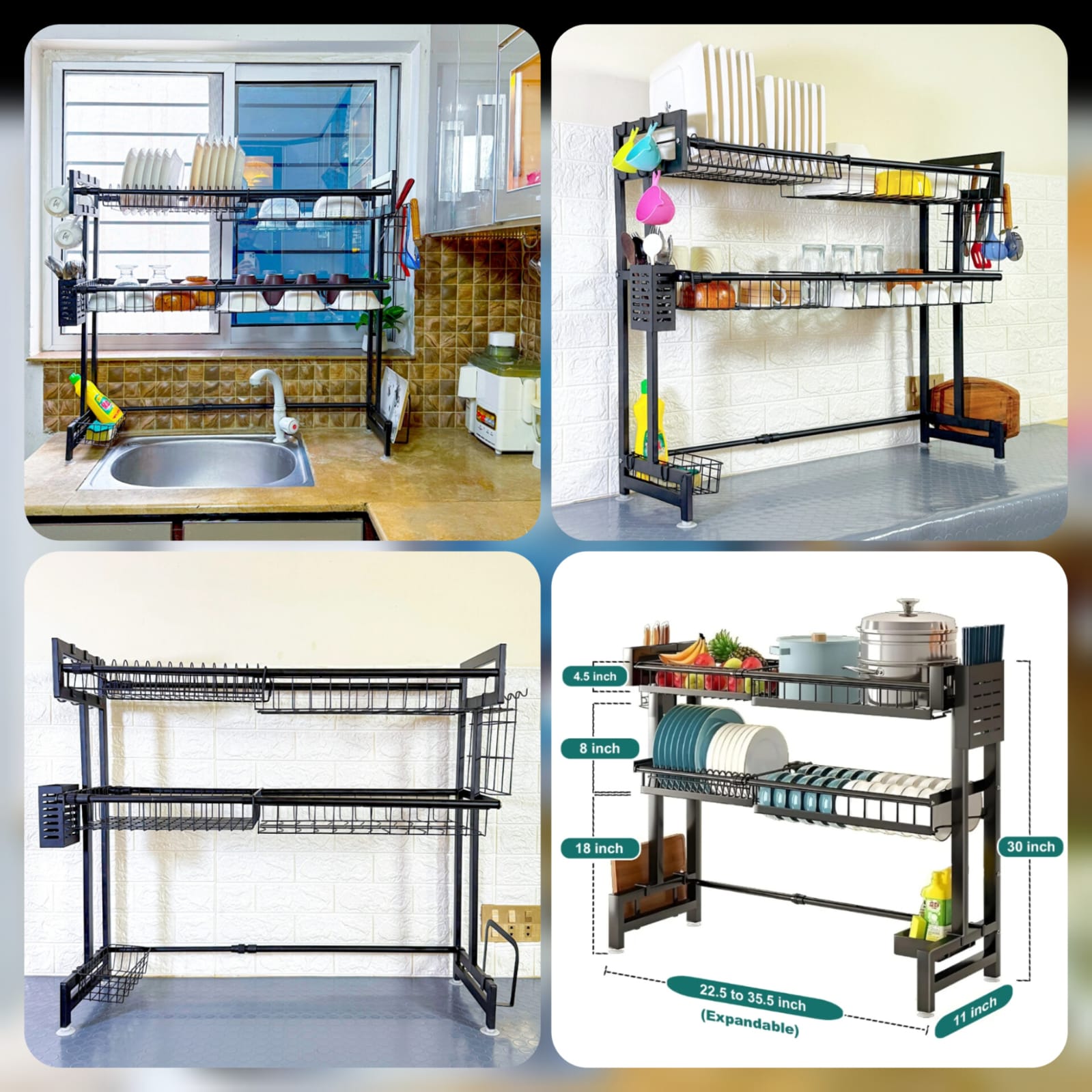 Expandable 2 tier over the sink rack made of black metal with dish and utensil storage