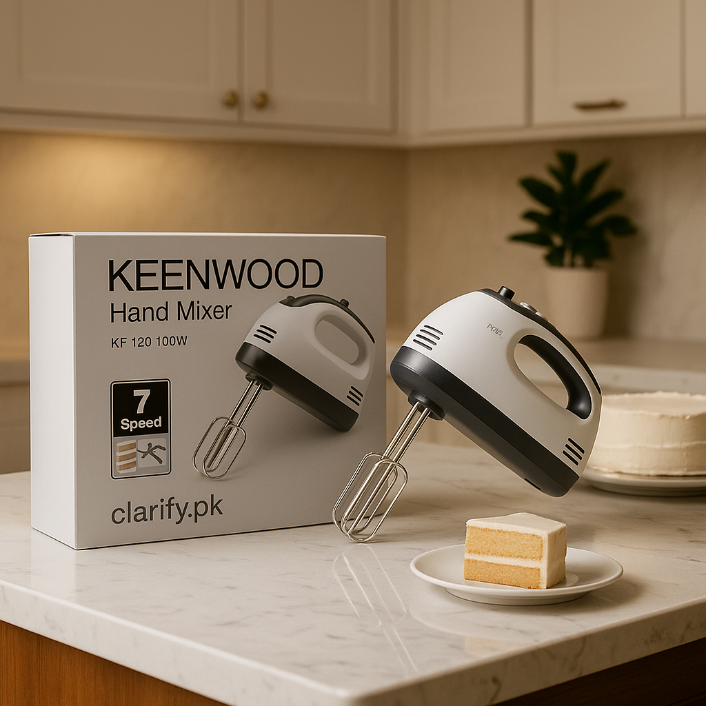 Keenwood electric hand beater with box on marble kitchen counter beside cake slice and 7 speed label