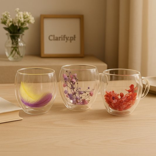 Set of three double wall glass cup with colorful feather and floral decorations on wooden table