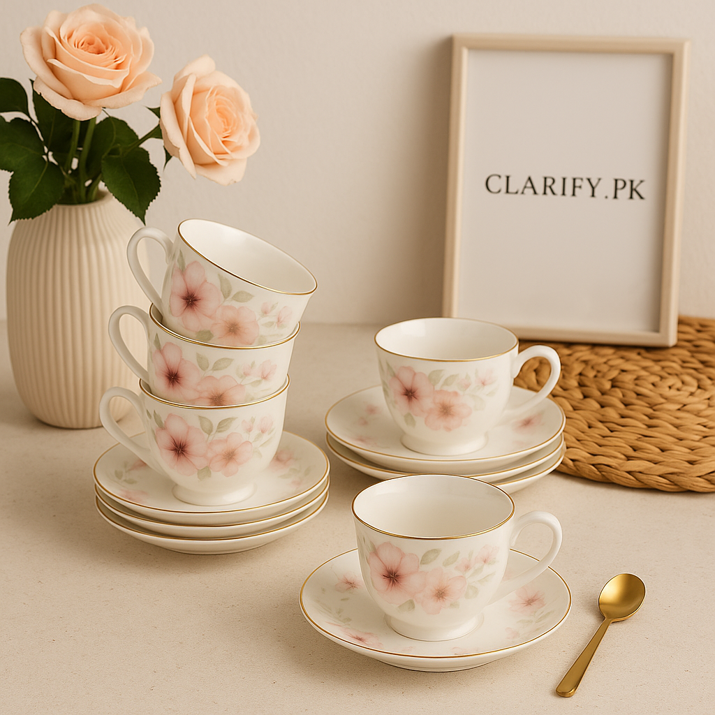 Clarify pk high tea floral cup set 6 pieces porcelain cups and saucers with pink floral design and gold rim