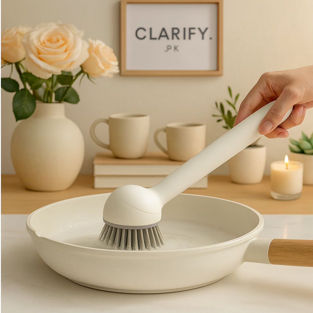 Cream long handle kitchen pot brush scrubbing a white nonstick pan with soft gray bristles and ergonomic grip