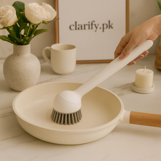 long handle kitchen pot brush with soft bristles and ergonomic handle for non scratch pan cleaning