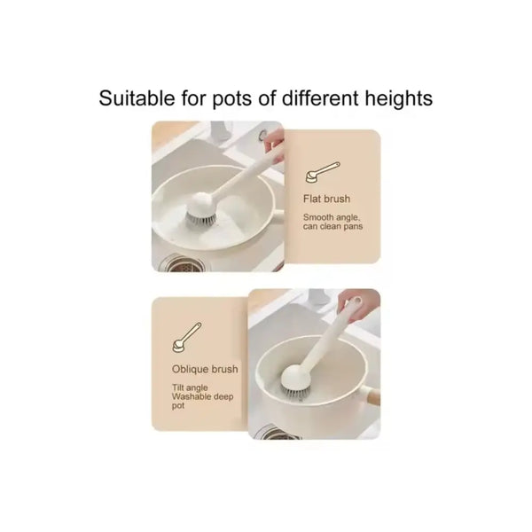 White scrubber using a long handle kitchen pot brush to clean pots of different heights showing flat and oblique angles