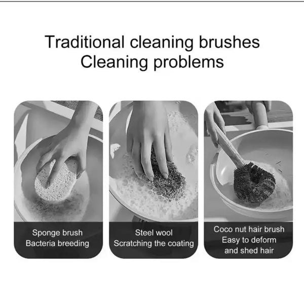 long handle kitchen pot brush shown with comparison to sponge steel wool and coconut brushes highlighting cleaning problems