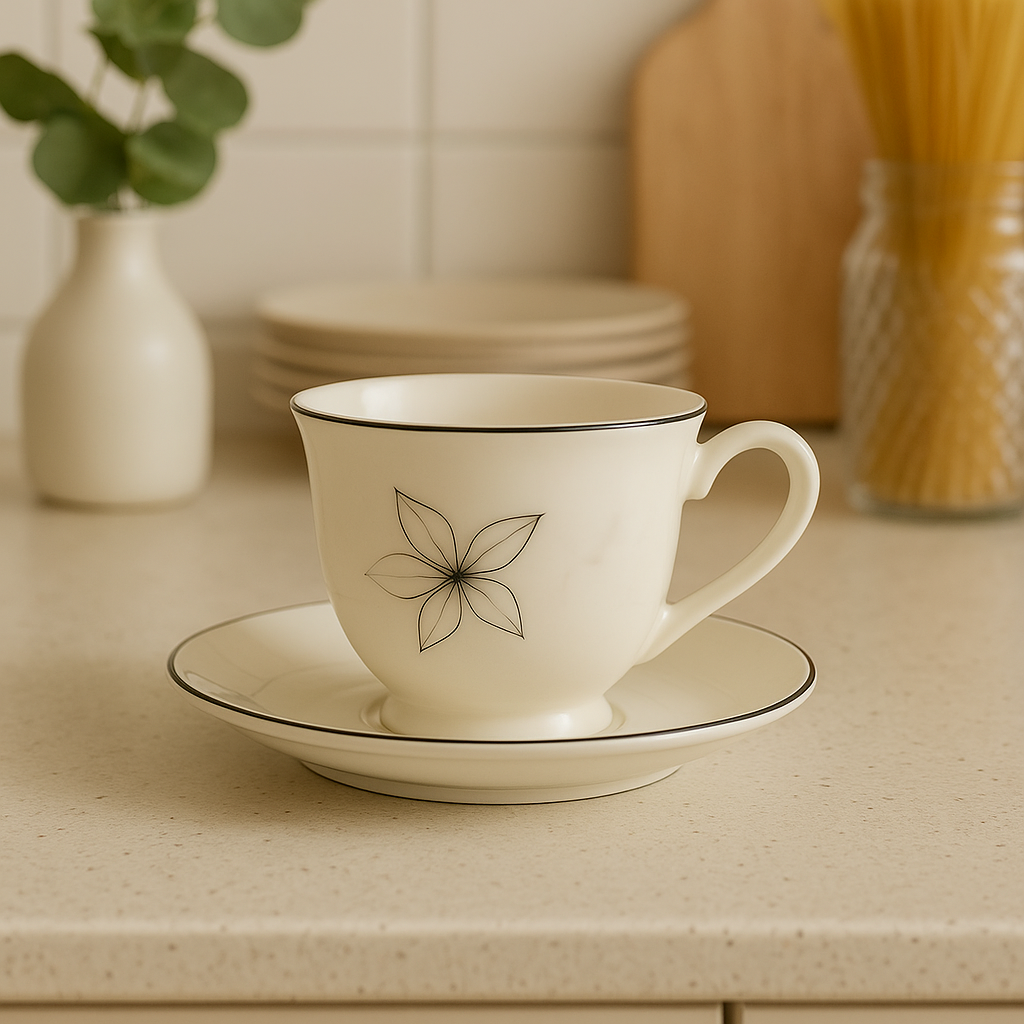Cream porcelain teacup and saucer with delicate line floral motif and black rim luxury floral porcelain tea cup set for tea