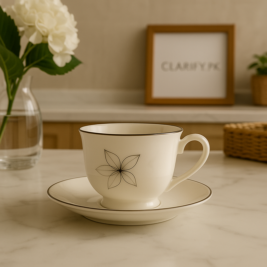 luxury floral porcelain tea cup set ivory cup and saucer with delicate line flower and thin gold rim on marble counter