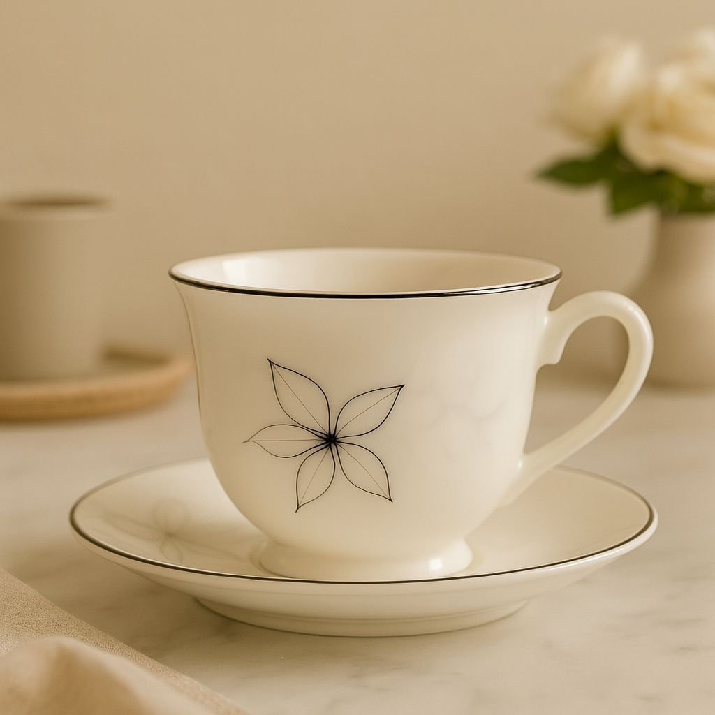 luxury floral porcelain tea cup set white cup and saucer with black line flower and metallic rim on marble surface
