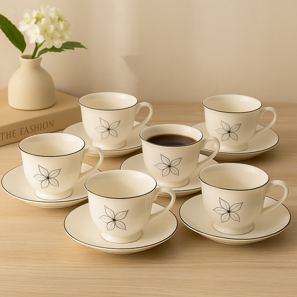 Clarify pk luxury floral porcelain tea cup set six cream cups and saucers with delicate black flower motif