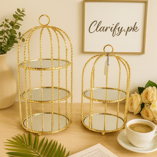 Luxury home decor shelf set with gold cage design and glass shelves displayed with flowers and coffee cup