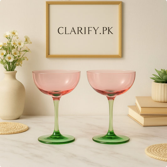 pink and green coupe glass set with two pink bowls and green stems on marble tabletop with decor