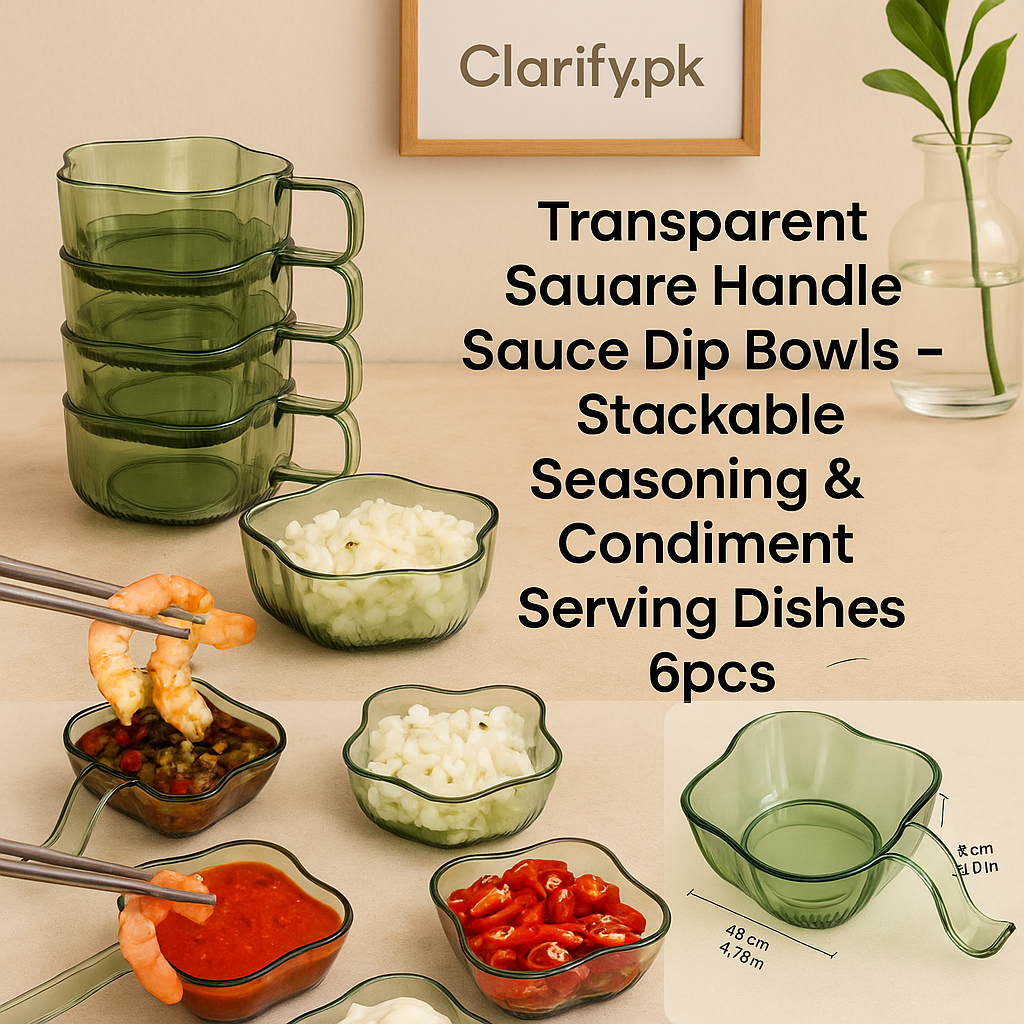 Green stackable group of six transparent sauce dip bowls set square handled serving bowls filled with condiments