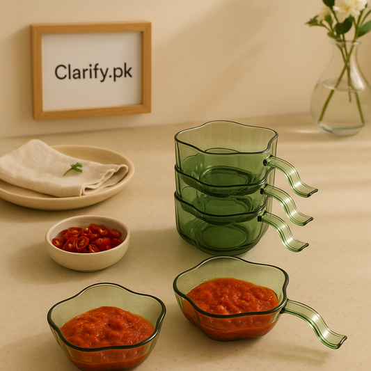 Clarify pk transparent sauce dip bowls set green glass handle bowls stacked and two filled with red sauce