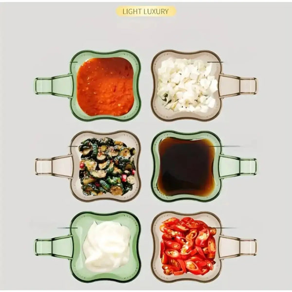 transparent sauce dip bowls set of six green glass square bowls with handles filled with sauces and toppings