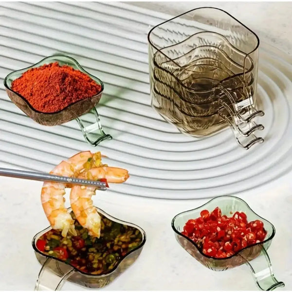 Stackable transparent sauce dip bowls set glass handled flower shaped dishes with shrimp and chilies