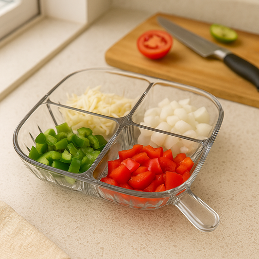 Clear 4 section acrylic tray holding chopped green bell peppers, red bell peppers, onions, and shredded cheese
