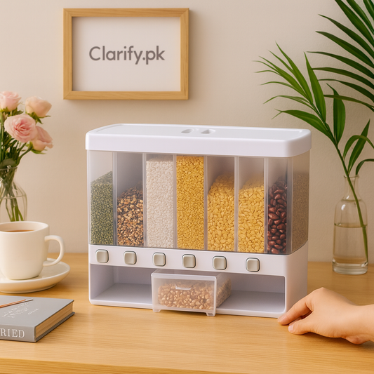 Clarify.pk 6 in 1 rice dipenser with six compartments for storing different grains on wooden table