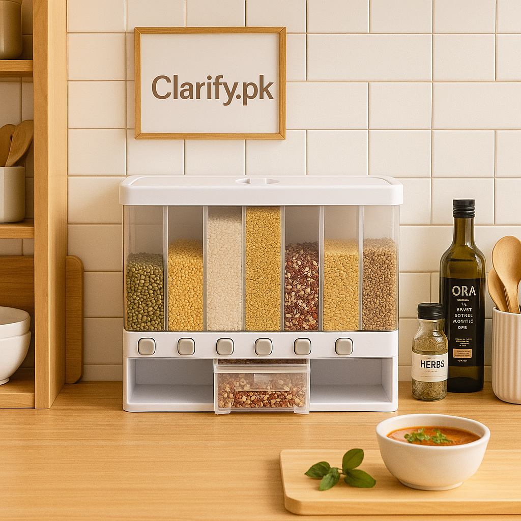 Clarify.pk 6 in 1 rice dipenser with six compartments for different grains on kitchen countertop