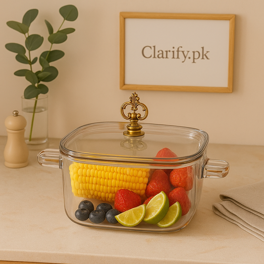 Clear borosilicate glass cooking pot with decorative lid holding corn, strawberries, lime, and blueberries