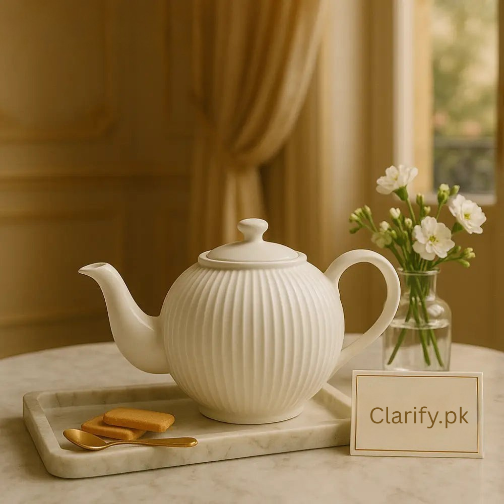 Elegant ceramic teapot with lid in white ribbed design placed on tray with gold spoon and cookies