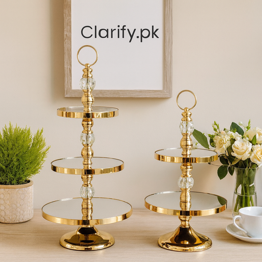 Elegant gold tiered dessert stand with three mirror-finished plates, ideal for serving sweets and pastries