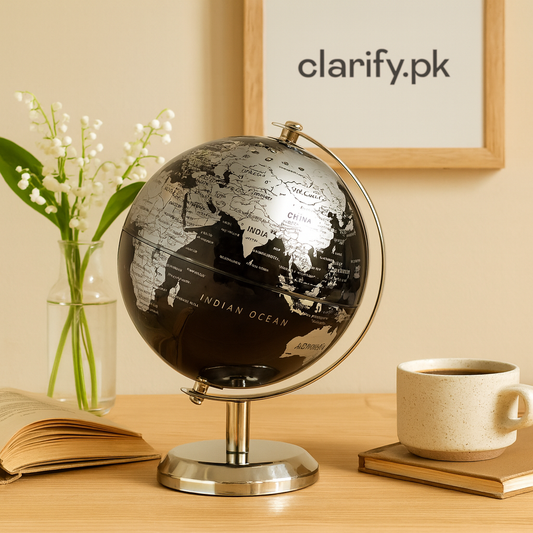 Luxury decorative world globe with silver and black finish on metal stand by Clarify.pk
