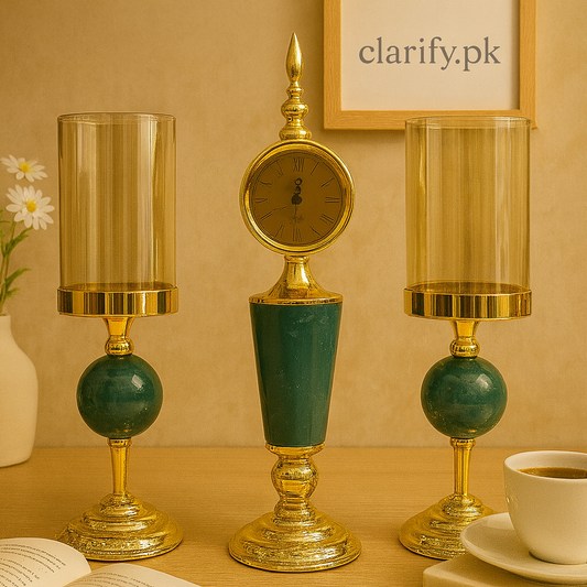 Clarify.pk luxury table clock set with gold and green accents featuring a central clock and two candle holders