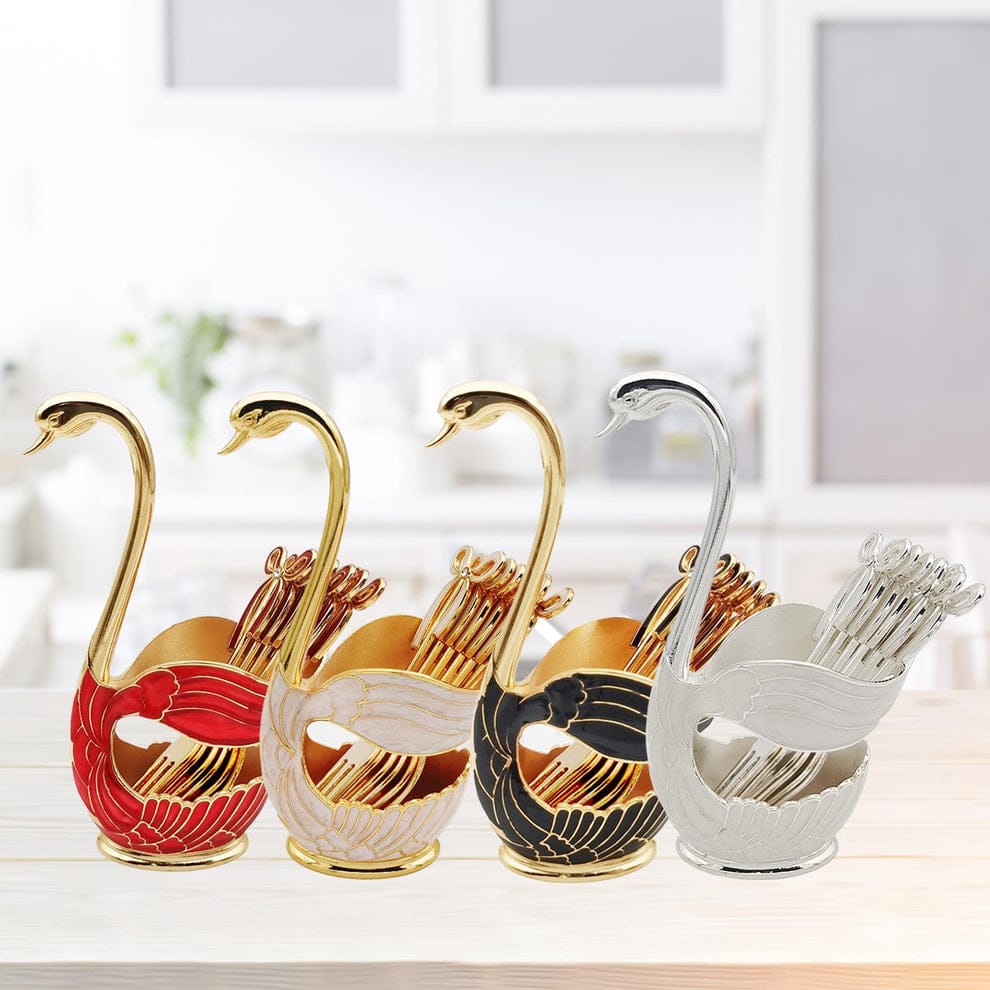 Set of decorative swan figurine home decor in red, white, black, and silver with matching toothpick holders