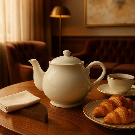 Classic white ceramic teapot on wooden table with croissants and teacup in cozy living room