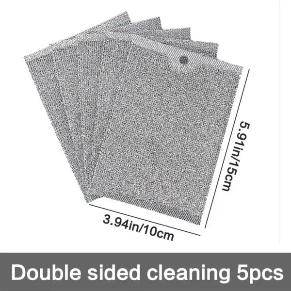 Five gray rectangular double sided scrubber pads about 4 by 6 inches for kitchen cleaning