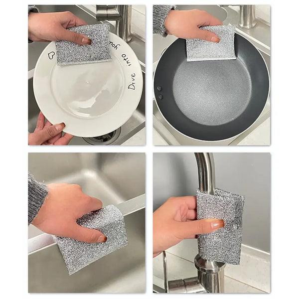 Hands cleaning plate pan sink and faucet with gray double sided scrubber pads showing textured surface